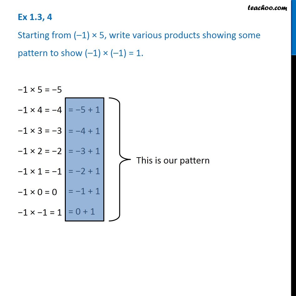Ex 1.3, 4 - Starting from (-1) x 5, write various products showing