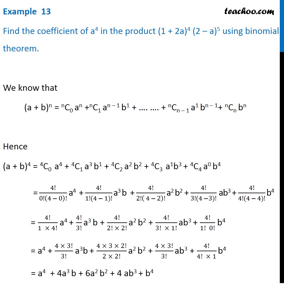 Example 13 - Find coefficient of a^4 in product (1 + 2a)^4 (2 - a)^5