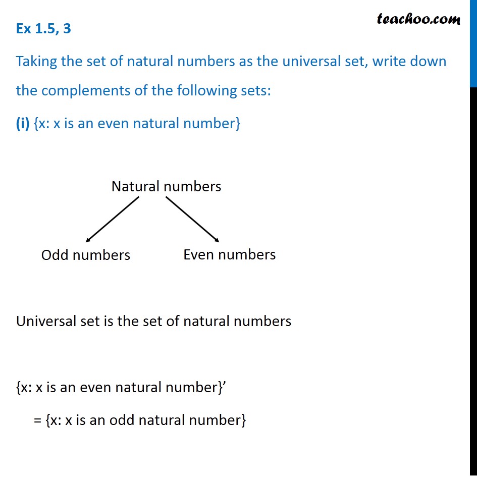 Ex 1.5, 3 - Taking set of natural numbers as universal set, find compl