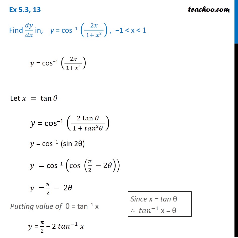 Ex 5.3, 13 - Find dy/dx in, y=cos-1 (2x/1+x2) - NCERT - Ex 5.3