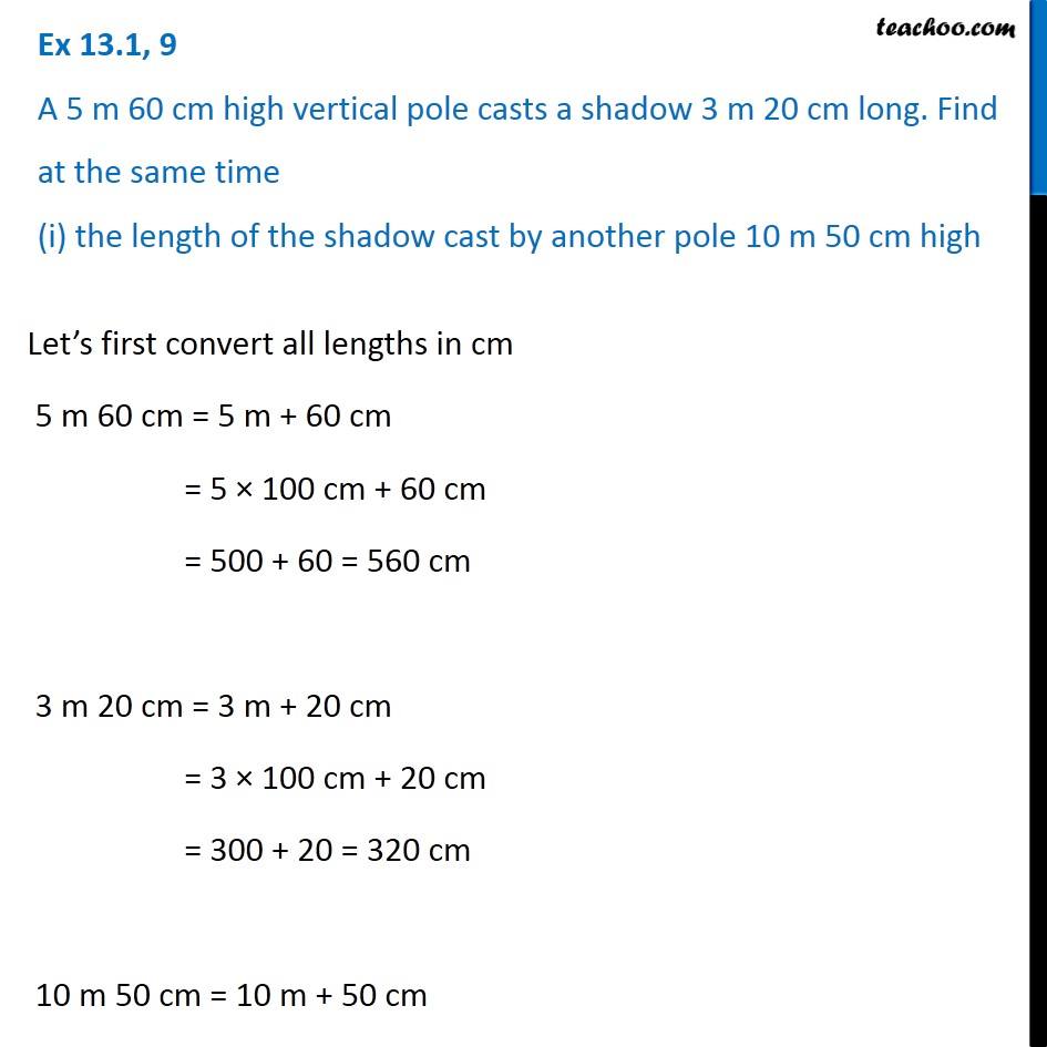 Ex 13 1 9 A 5 M 60 Cm High Vertical Pole Casts A Shadow 3 M