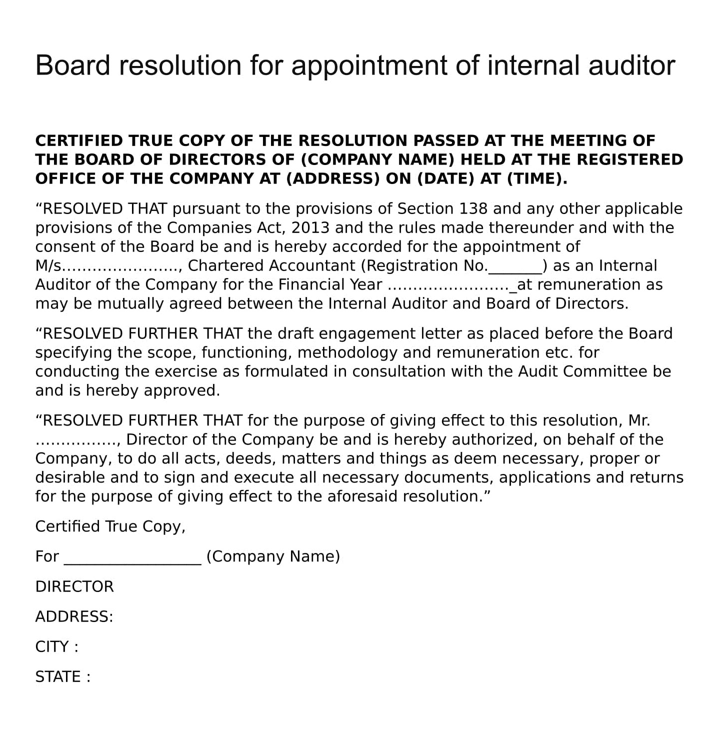 Board resolution for appointment of internal auditor ...