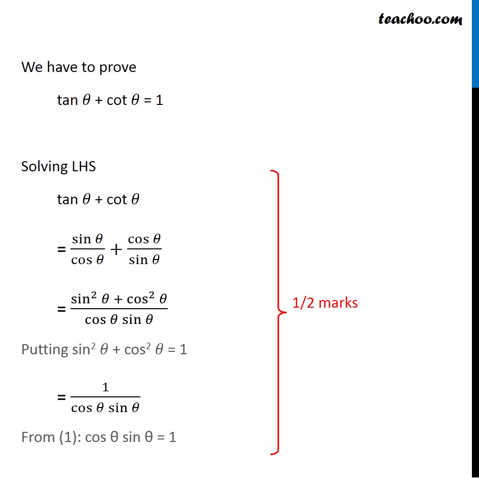 If Sin 𝜃 Cos 𝜃 3 Then Prove That Tan 𝜃 Cot 𝜃 1 Teachoo