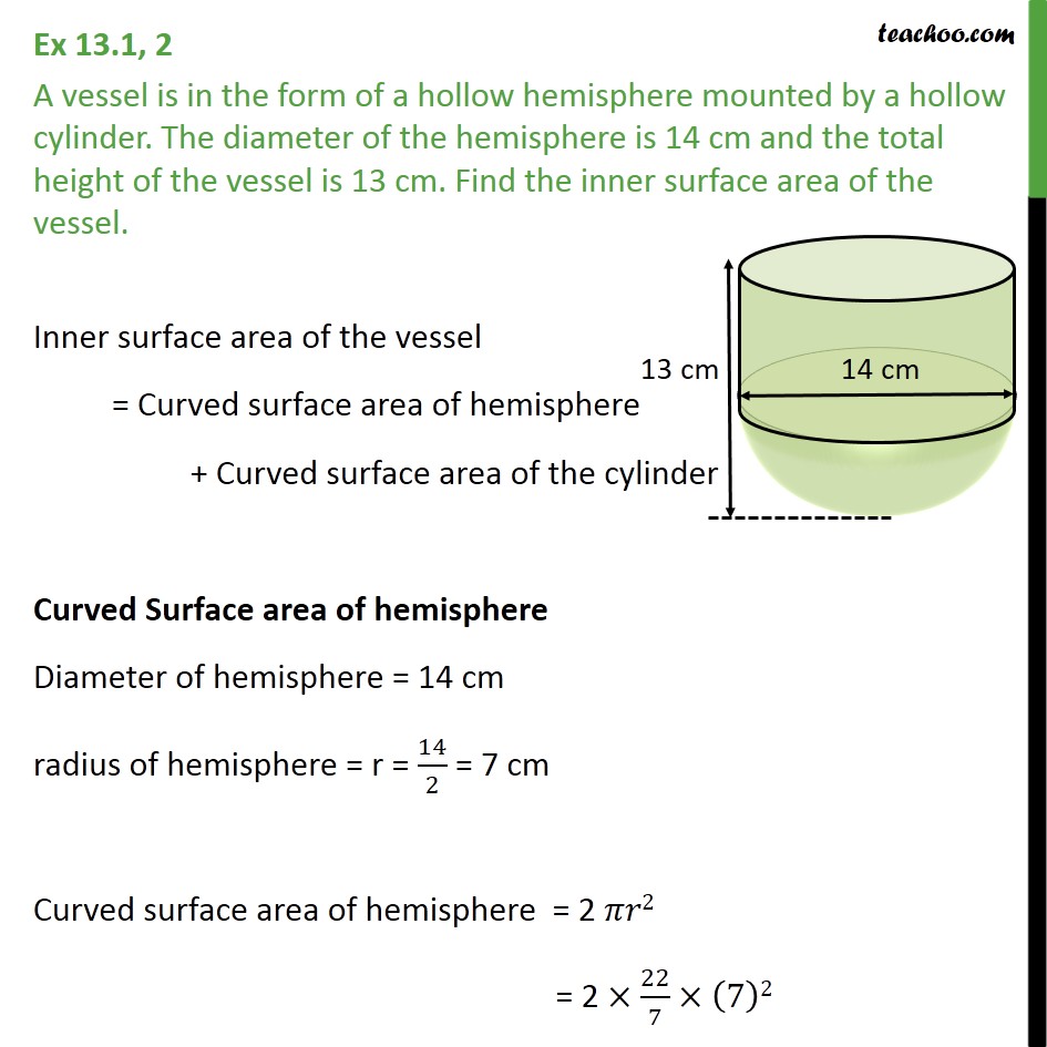 Ex 13.1, 2 - A vessel is in form of a hollow hemisphere mounted - Surface Area - Added