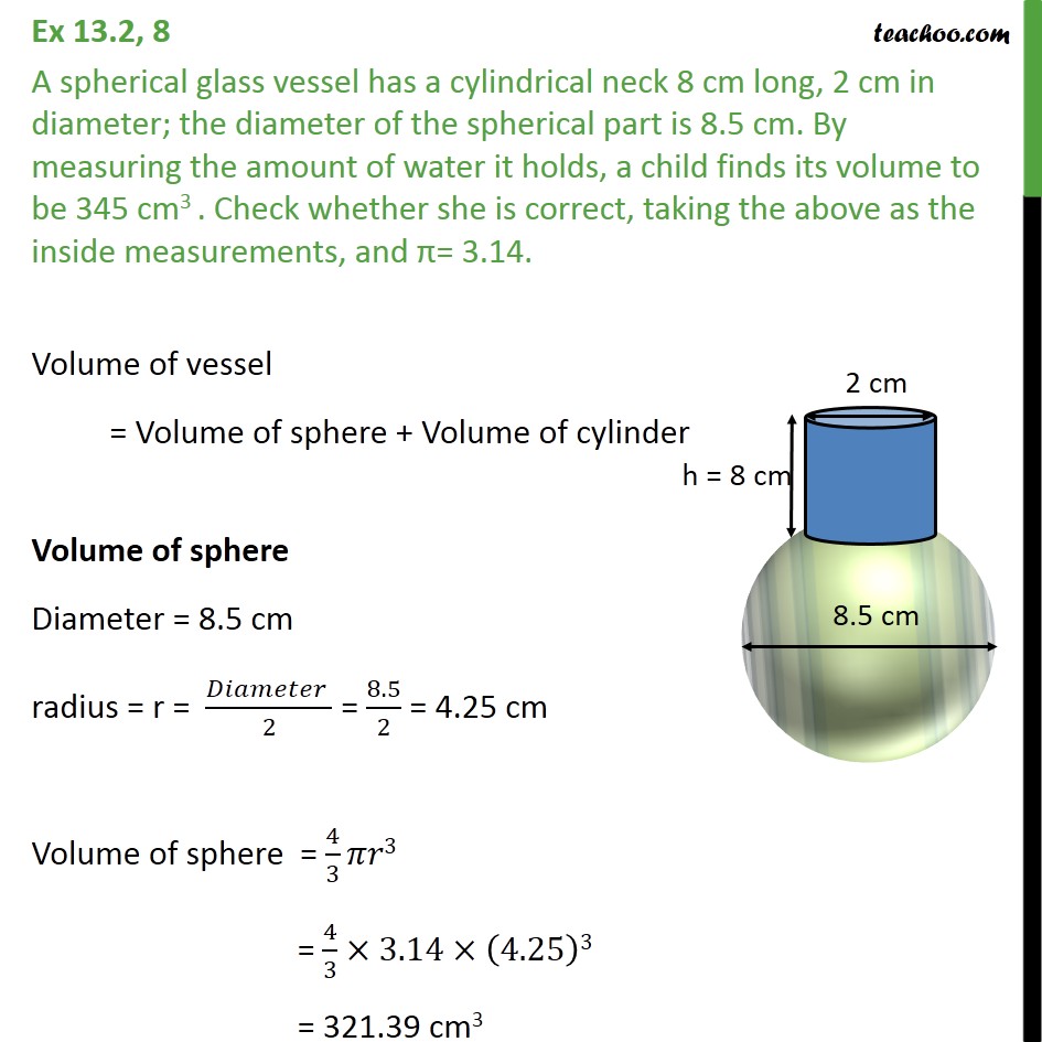 Ex 13.2, 8 - A spherical glass vessel has a cylindrical neck - Ex 13.2
