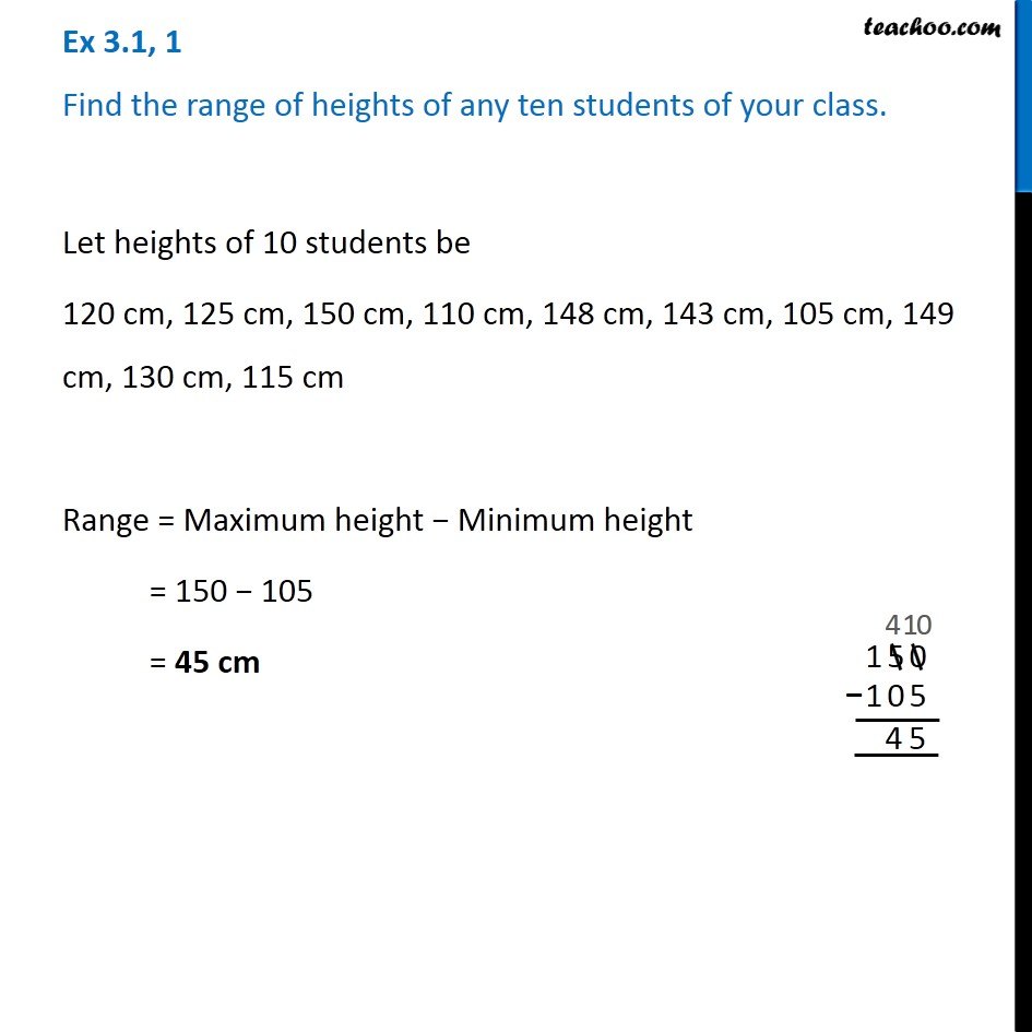 Ex 3.1, 1 - Find the range of heights of any ten students