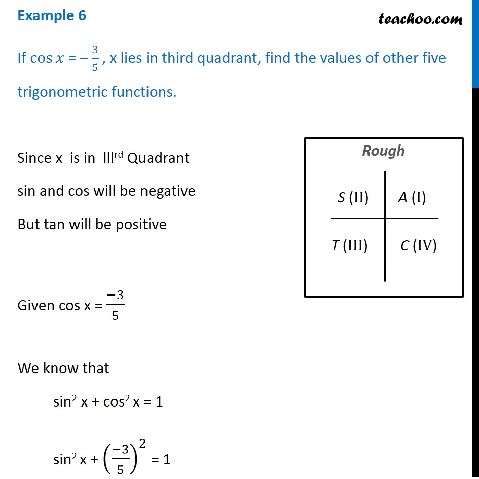 Example 6 If Cos X 3 5 X Lies In Third Quadrant Find