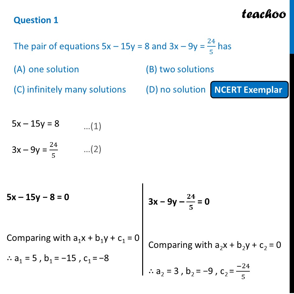 NCERT Exemplar - Chapter 3 Class 10 MCQ - Pair of linear equations