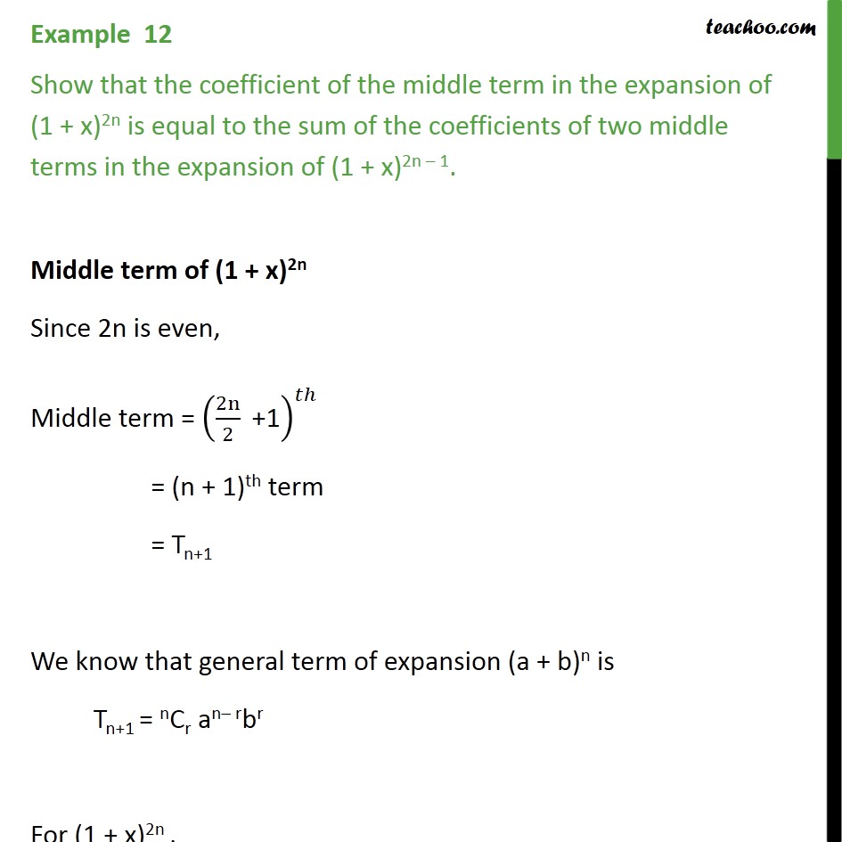Example 12 Coefficient Of Middle Term In 1 X 2n Is Equal