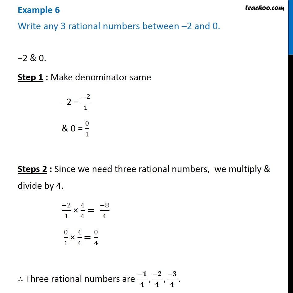 Example 6 - Write any 3 rational numbers between -2 and 0 - Teachoo