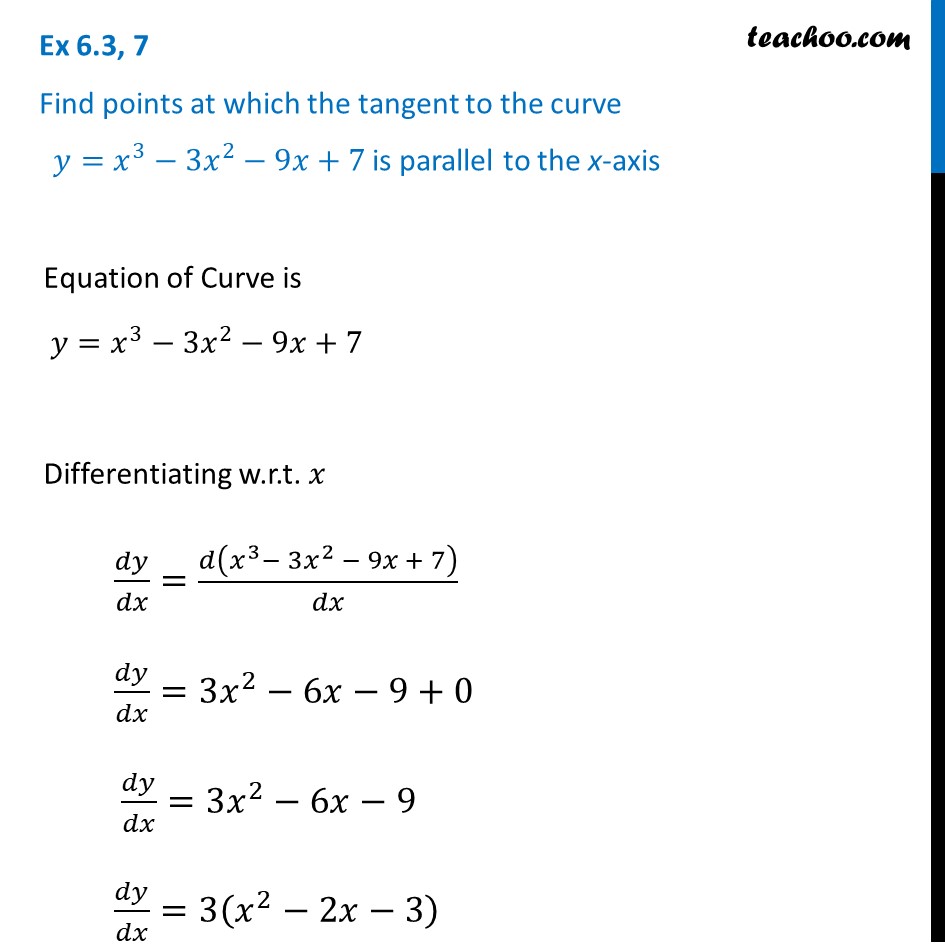 Ex 6 3 7 Find Points At Which Tangent Is Parallel To X Axis