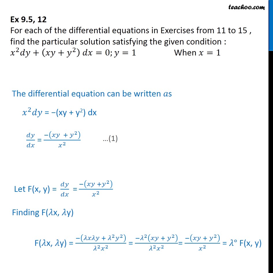 Ex 9 5 12 Find Particular Solution X2 Dy Xy Y2 Dx 0