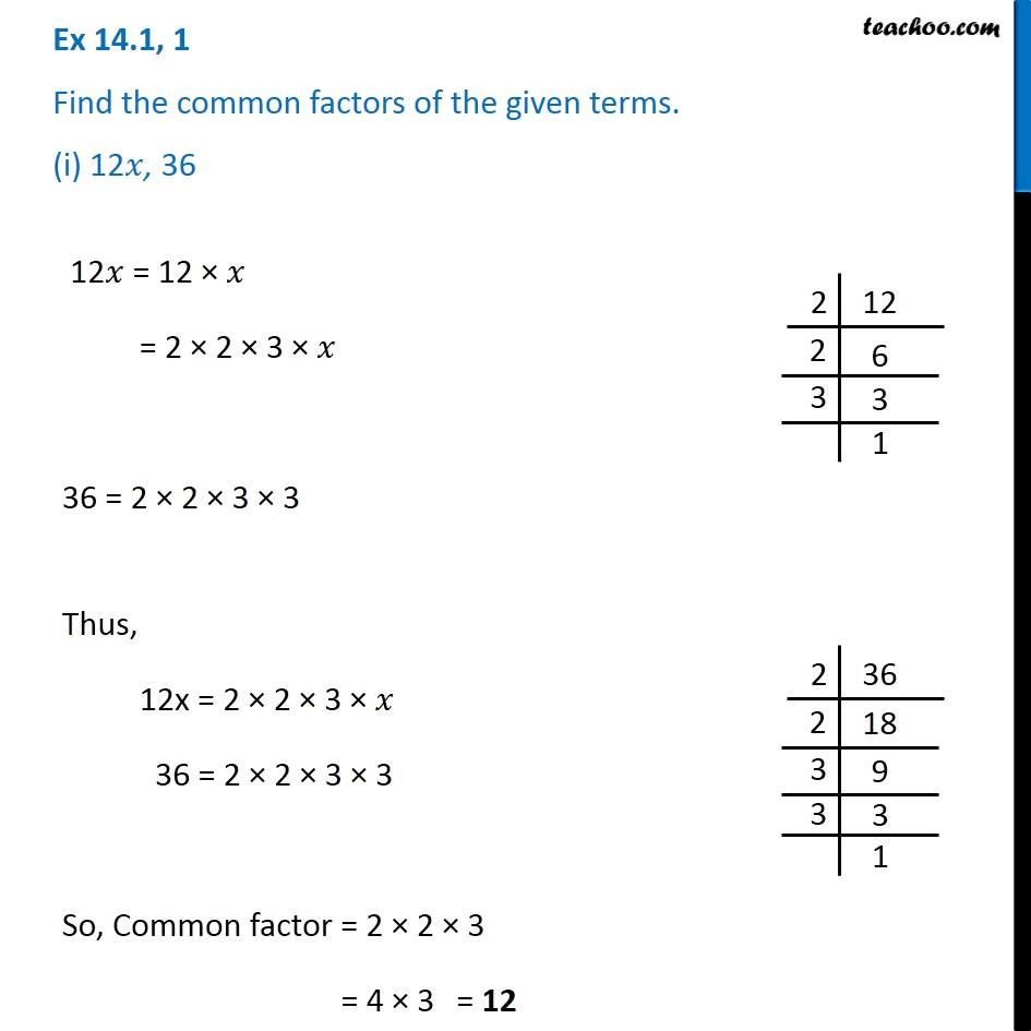 ex-14-1-1-i-find-common-factors-of-12x-36-chapter-14-class-8