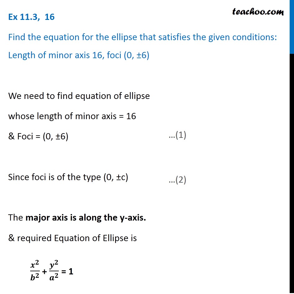 Ex 11.3, 16 - Find equation: Length Minor axis 16, foci (0, 6)