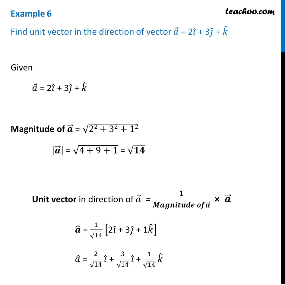 Example 6 Find Unit Vector In Direction Of A 2i 3j K 4492