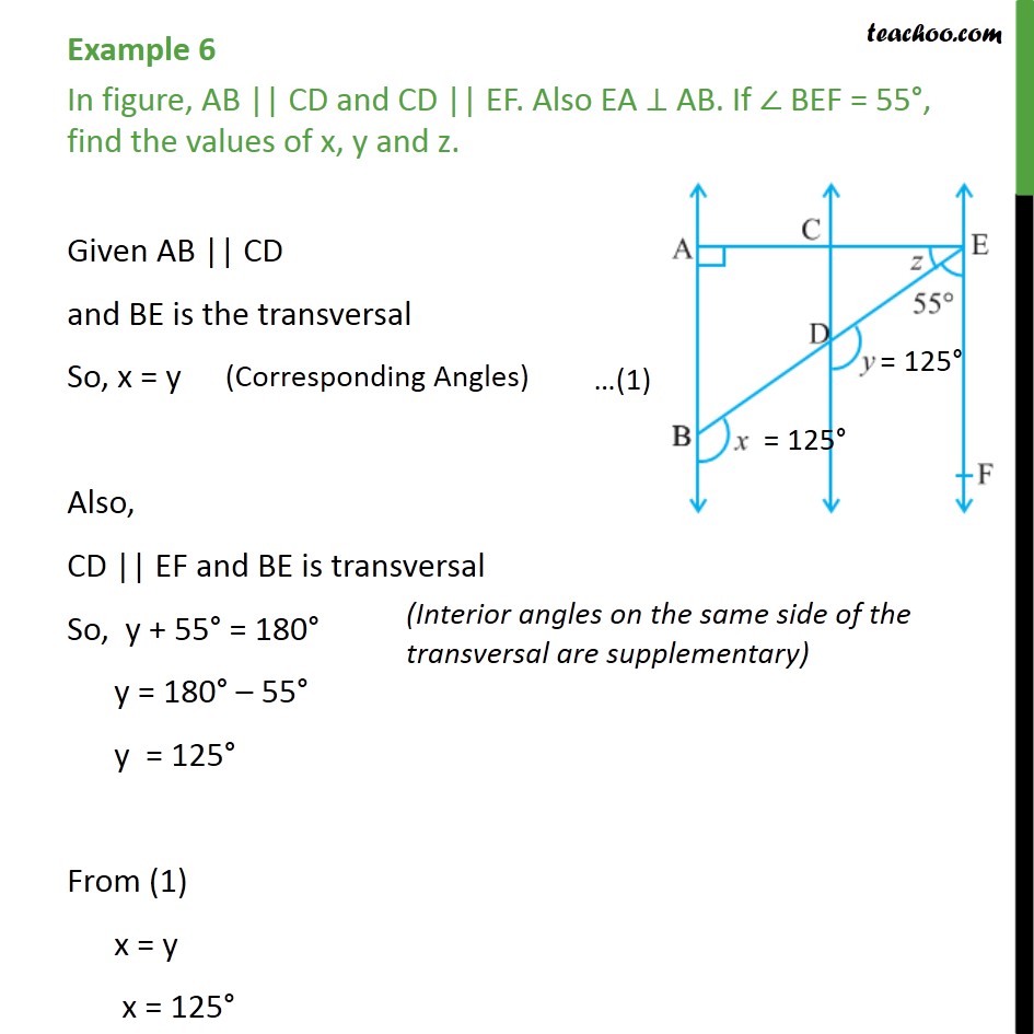 Example 6 - In figure, AB || CD and CD || EF. Also EA ⊥ AB - Parallel lines and traversal - Problems