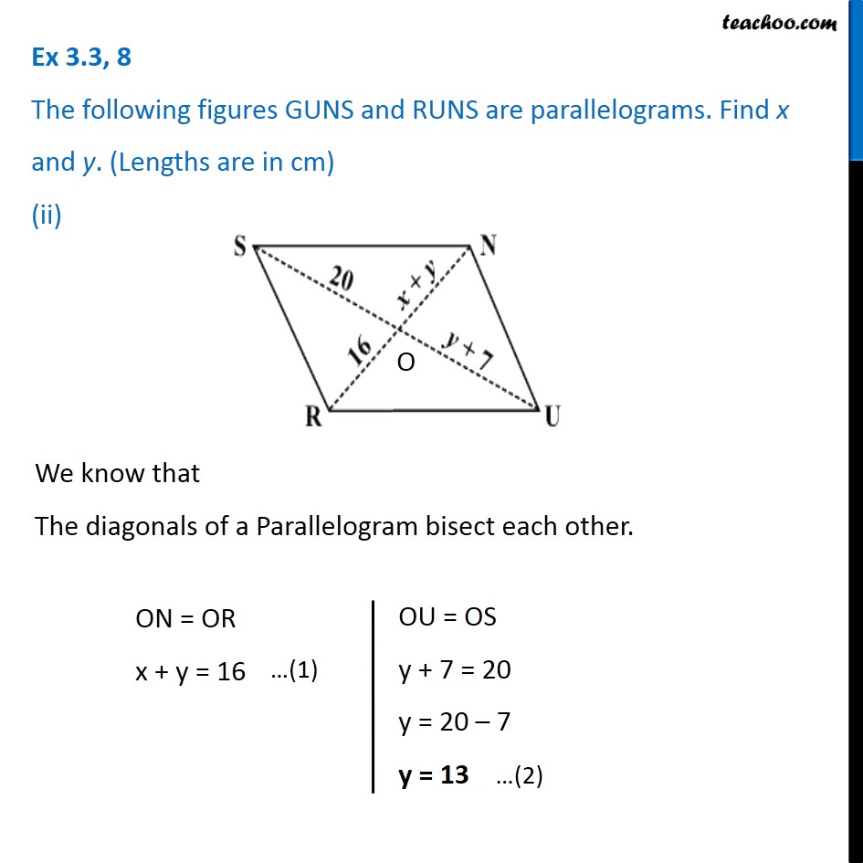 Ex 3.3, 8 (ii) - In figure RUNS is a parallelograms. Find x and y
