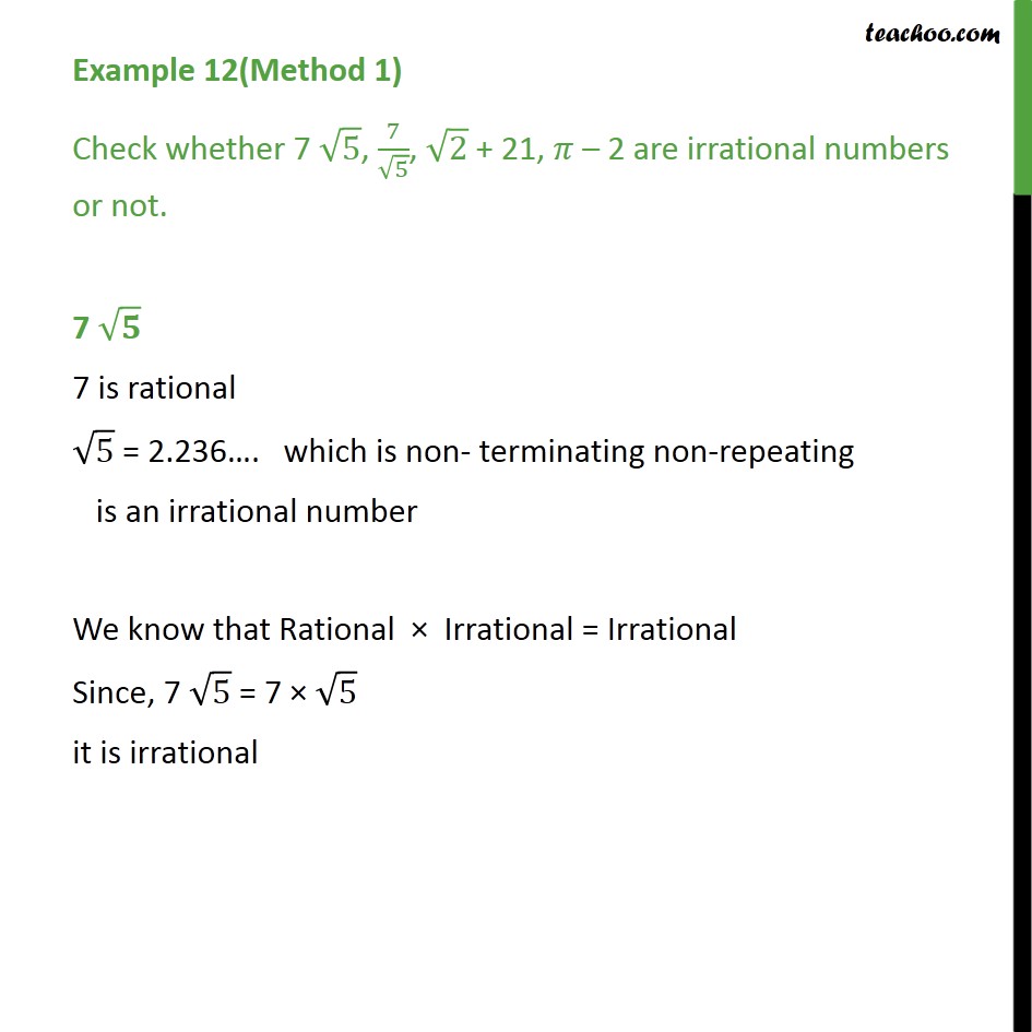 Example 12 - Check whether 7 root 5, ... are irrational - Examples
