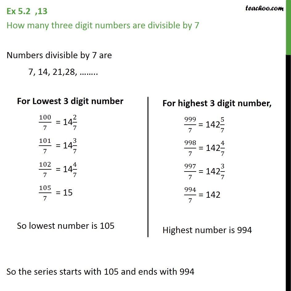  How Many Three Digit Numbers Are Divisible By 7 Ex 5 2 13 AP 