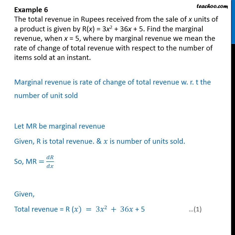 Example 6 - Total revenue received from sale of x units - Examples