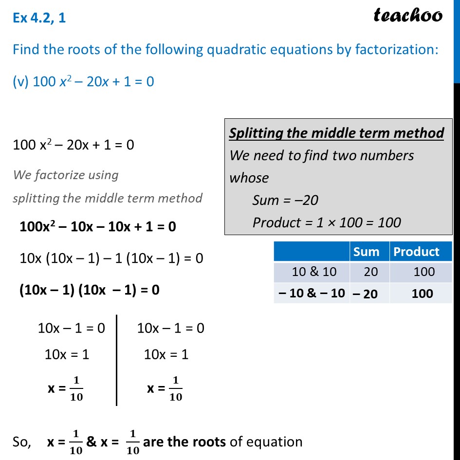 find-roots-of-quadratic-equation-100x-2-20x-1-0-teachoo