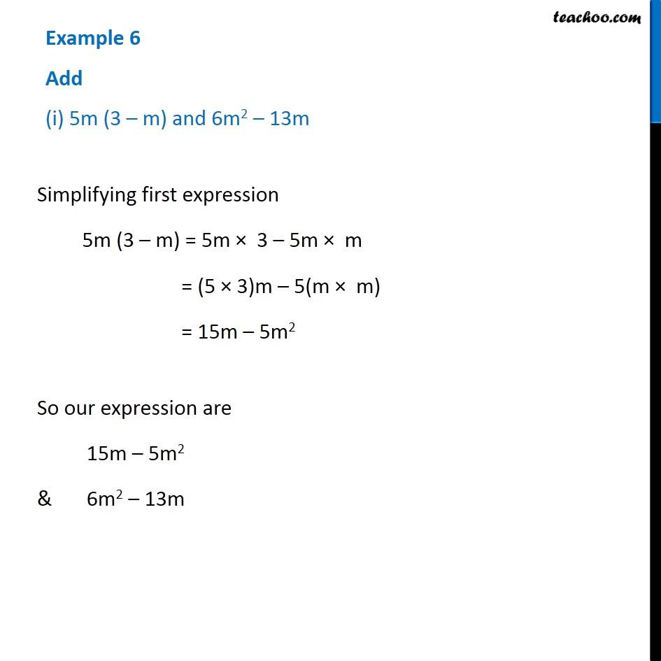 Example 6 Add I 5m 3 M And 6m2 13m Class 8 Maths