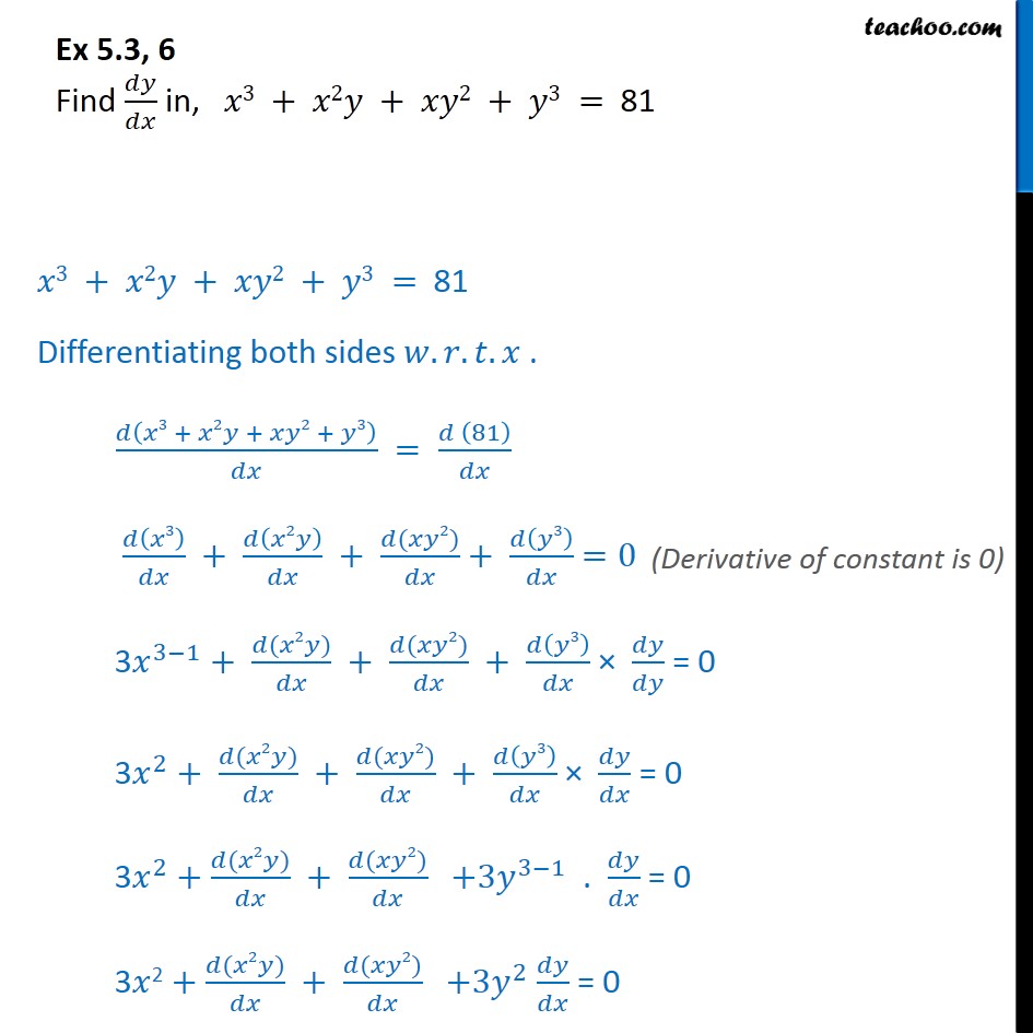 2 columns pivot 6  y3 CBSE  x3 81   Ex   =   x2y 5.3,  in xy2 Find  dy/dx