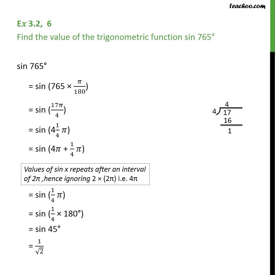 Ex 3.2, 6 - Find value of sin 765 - Chapter 3 Class 11 - Finding Value of trignometric functions, given angle