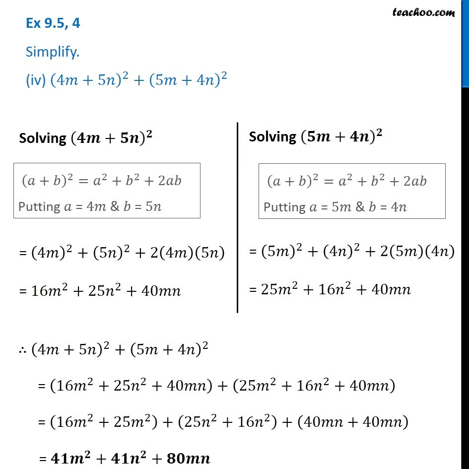 Question 4 - Simplify (iv) (4m + 5n)^2 + (5m + 4n)^2 - Class 8 Maths