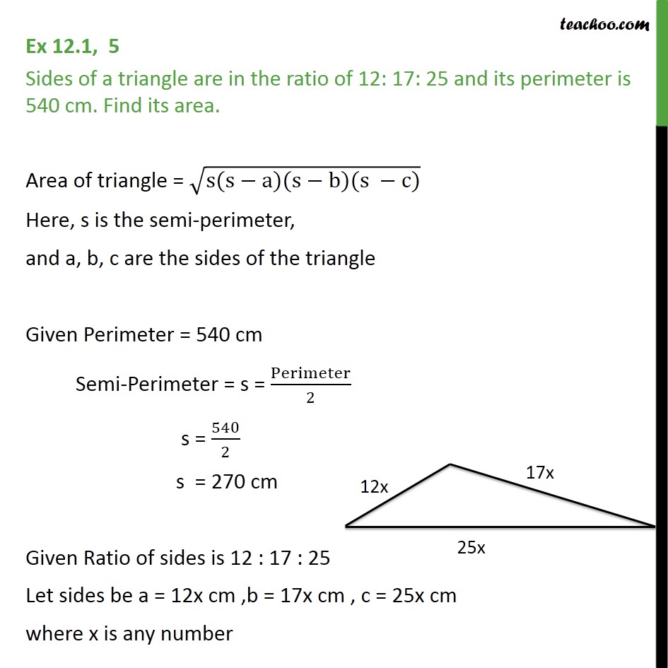 Ex 12.1, 5 - Sides of a triangle are in ratio 12: 17: 25 - Finding area of triangle