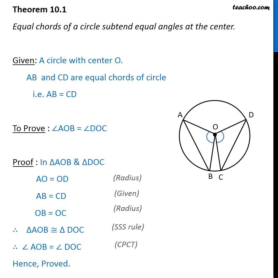 Theorem 10.1 - Class 9 - Equal chords subtend equal angles at center