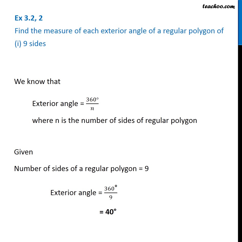 Ex 3 2 2 Find Measure Of Each Exterior Angle Of A Regular Polygon