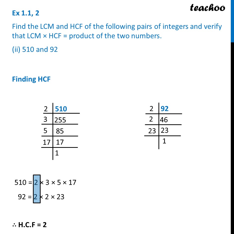 Ex 1.1, 2 (ii) - Find HCF and LCM of 510 and 92 (and verify product)