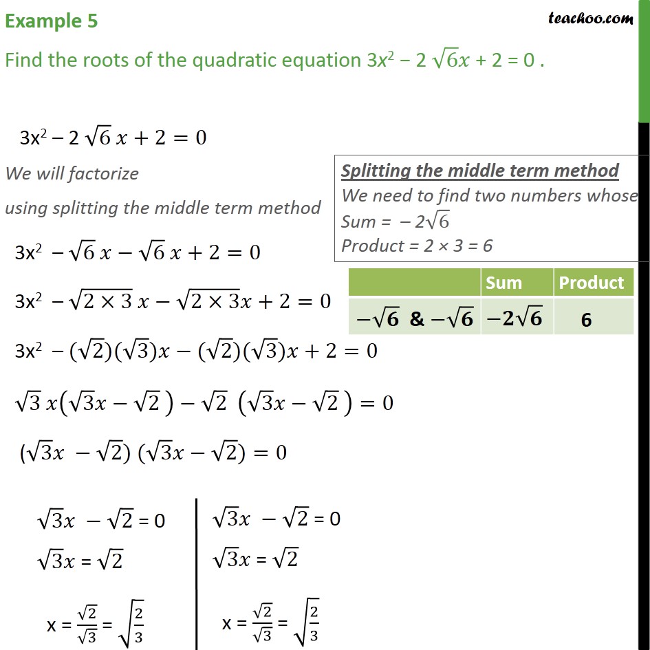 Example 5 - Find roots of 3x2 - 2 root6 x + 2 = 0 - Class 10 - Solving by Splitting the middle term - Equation given