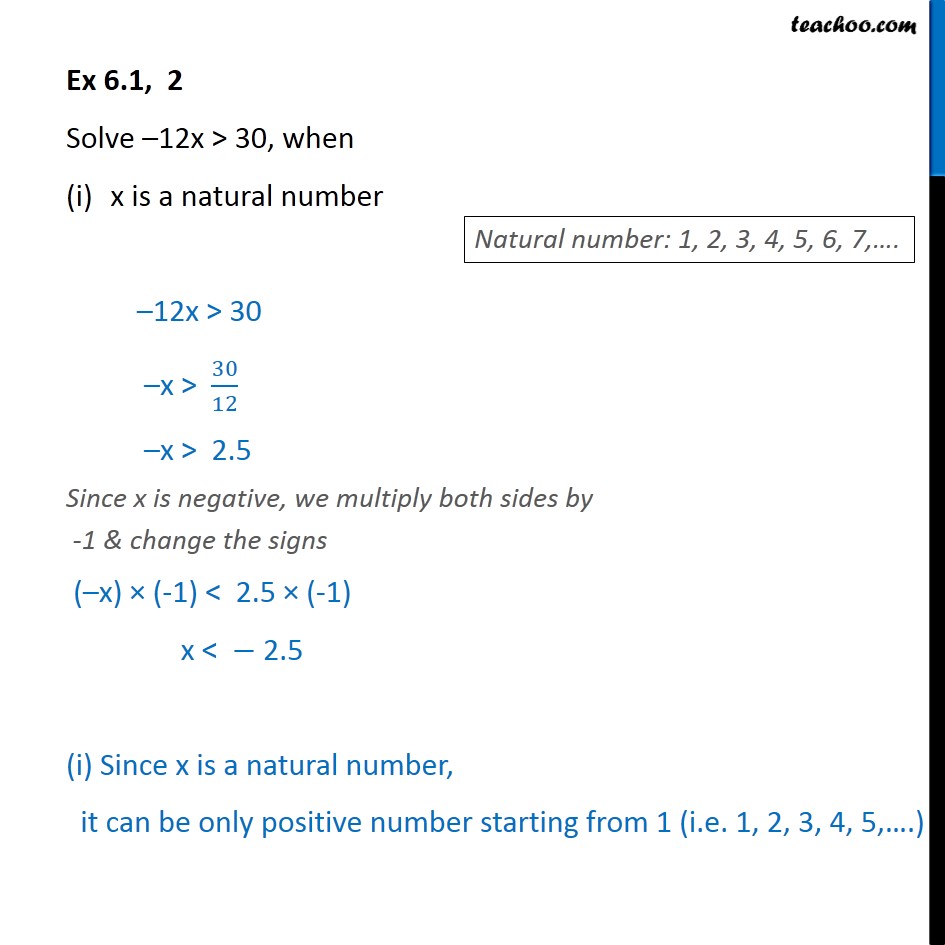 Ex 6.1, 2 Solve -12x > 30, x is natural number integer  - Solving inequality  (one side)