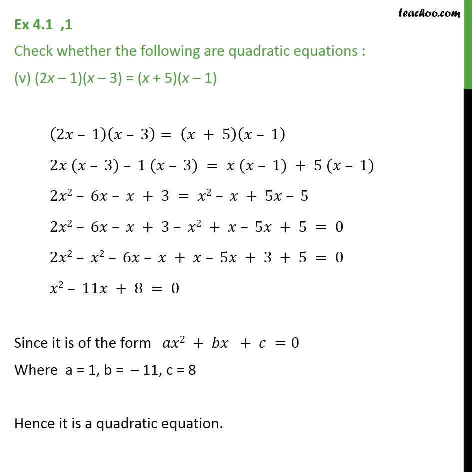 Ex 4 1 1 Class 10 Check Whether Following Are Quadratic Equations