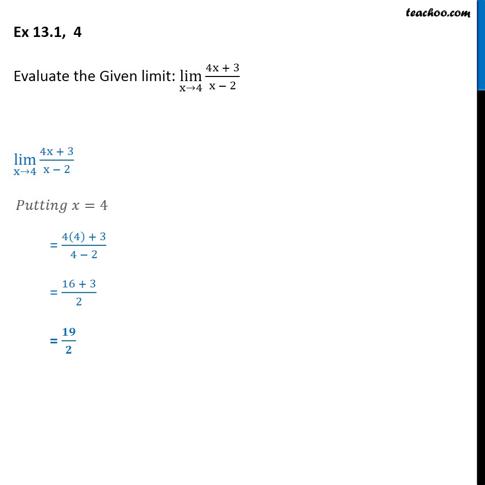 exam routine class 2019 x Evaluate: lim   2 x 13.1, CBSE 4  Ex  >4 4x   3/x  Chapter  13