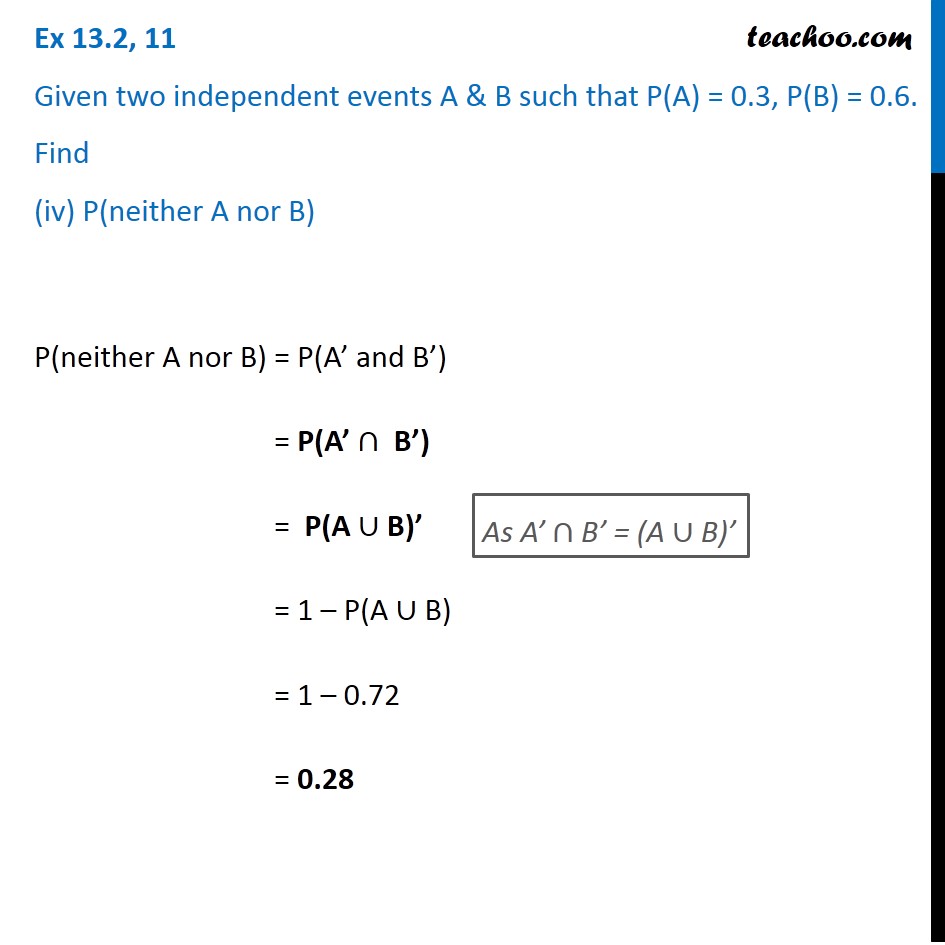 Ex 13.2, 11 (iv) - Given P(A) = 0.3, P(B) = 0.6, Find P(neither A Nor