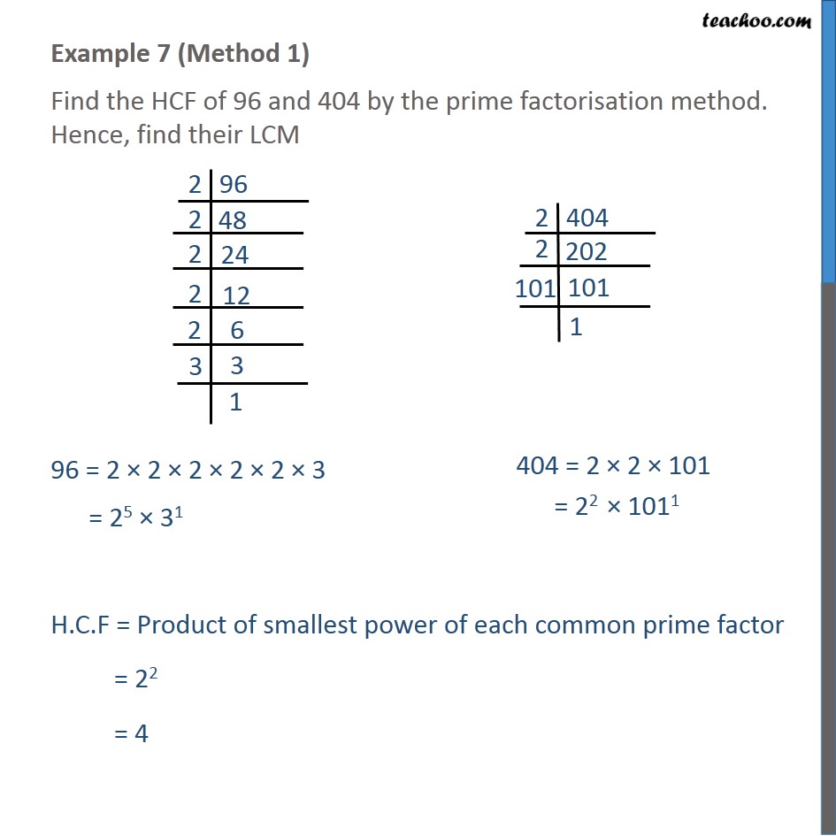 Example 7 - Find HCF of 96 and 404 by prime factorisation