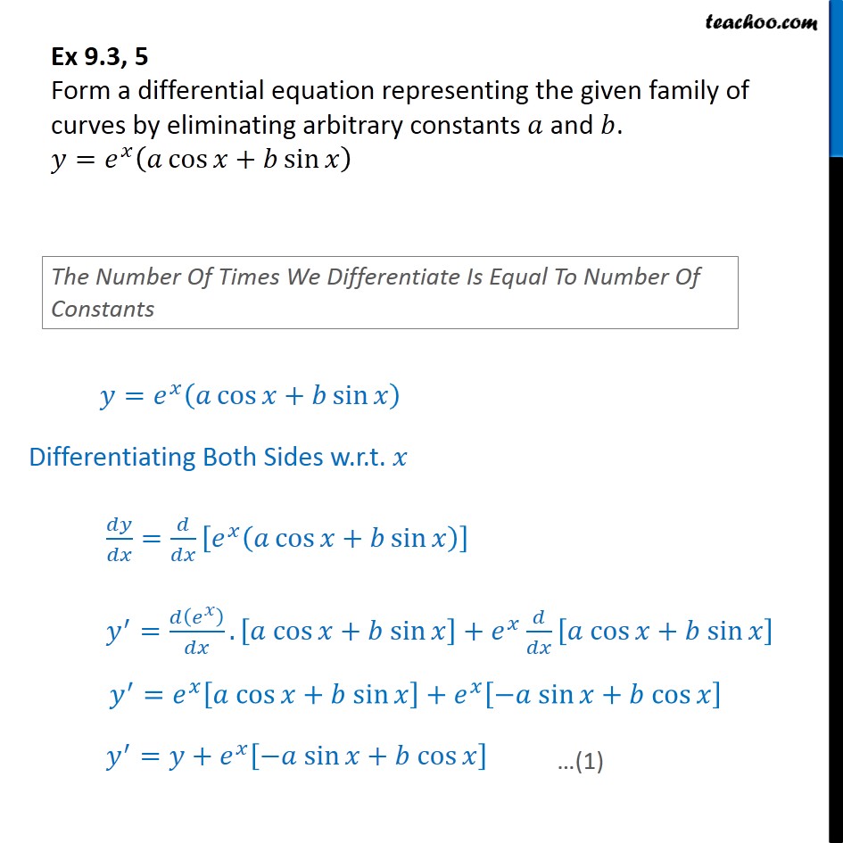 Ex 9.3, 5 - Form differential equation: y = ex(a cos x + b 