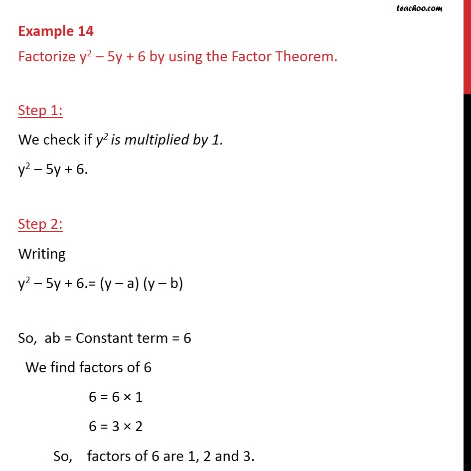 Example 14 - Factorize y2 - 5y + 6 by using Factor Theorem - Factorisation by factor formula