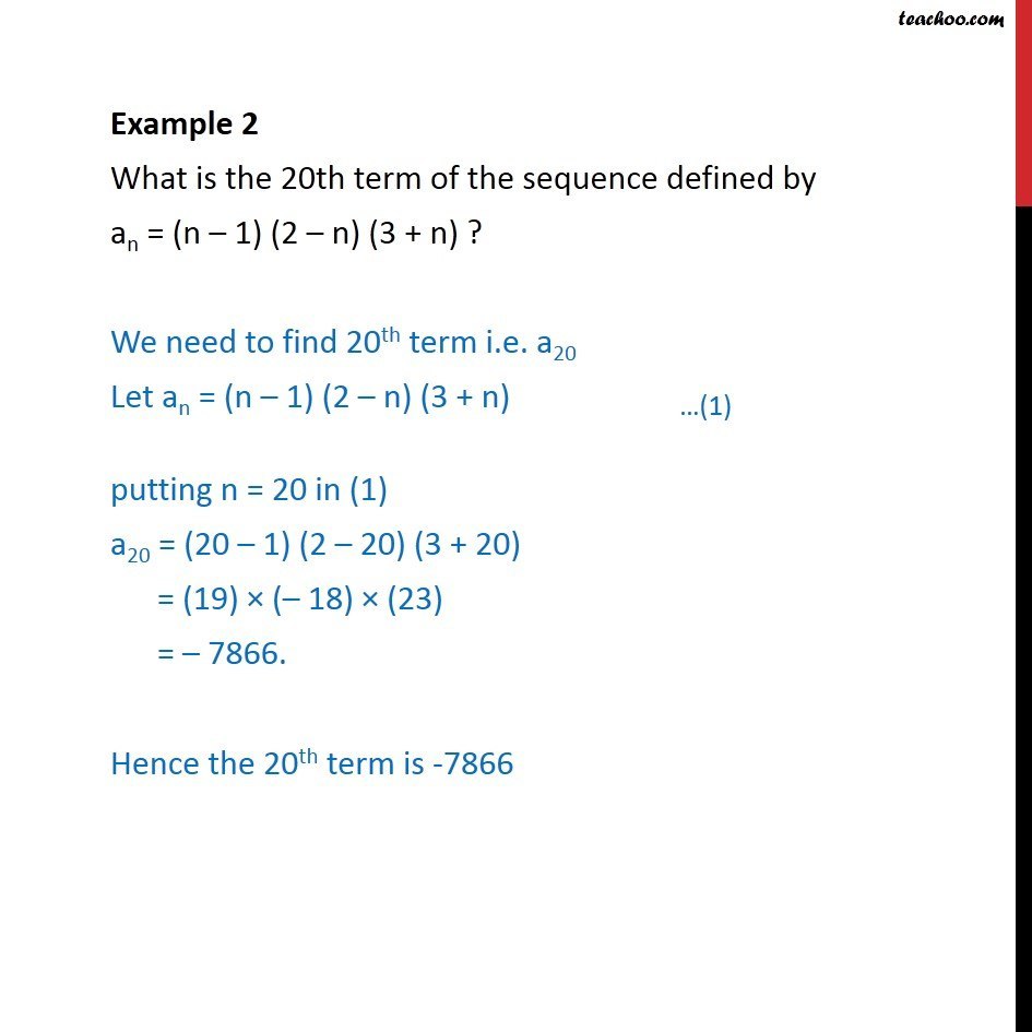 Example 2 - What is 20th term of an = (n - 1) (2 - n) (3 + n) - Finding Sequences