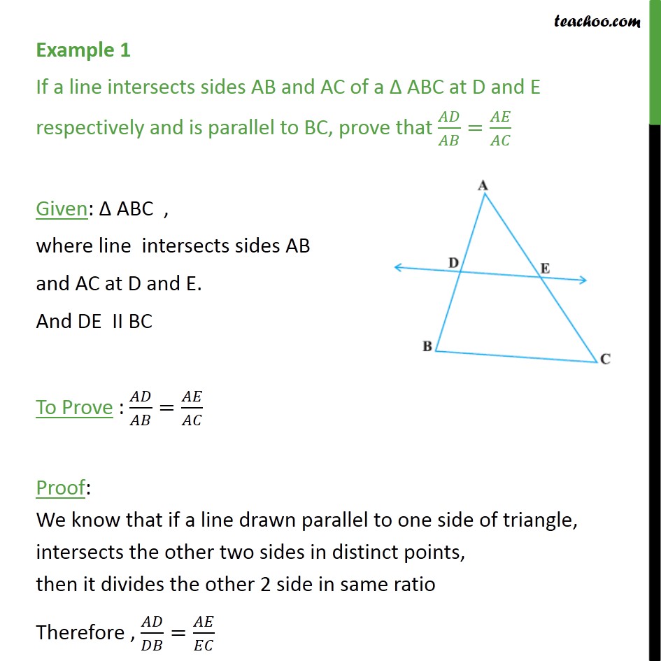 Example 1 - If a line intersects sides AB and AC of ABC - Examples