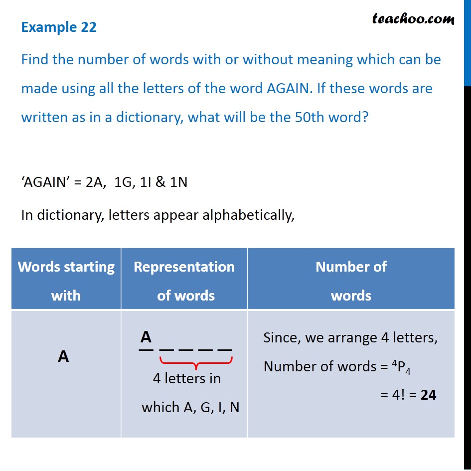 Example 22 - Find number of words of AGAIN. What will be 50th word