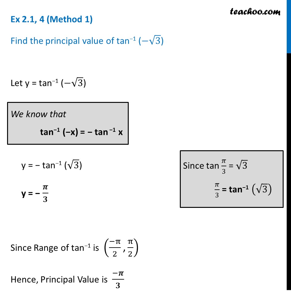 Ex 2.1, 4 - Find principal value of tan-1 (- root 3) - CBSE