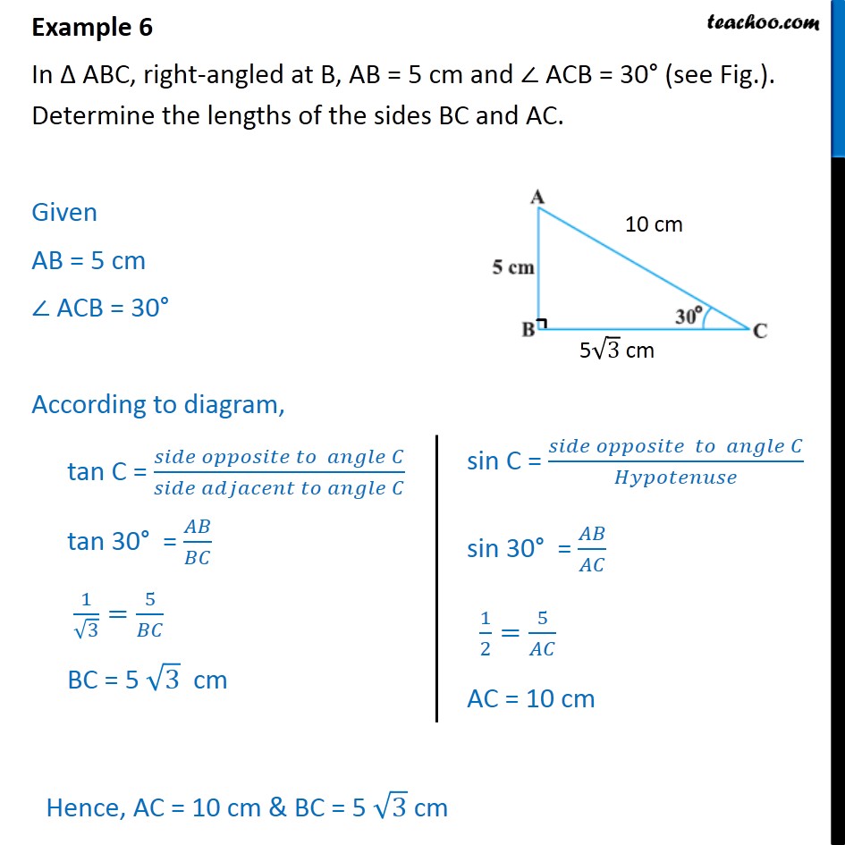 Example 6 - In ABC, AB = 5 cm and ACB = 30. Determine BC AC - Examples