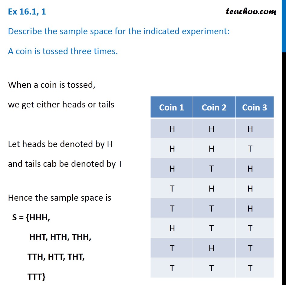 Question 1 Describe sample space A coin is tossed three times