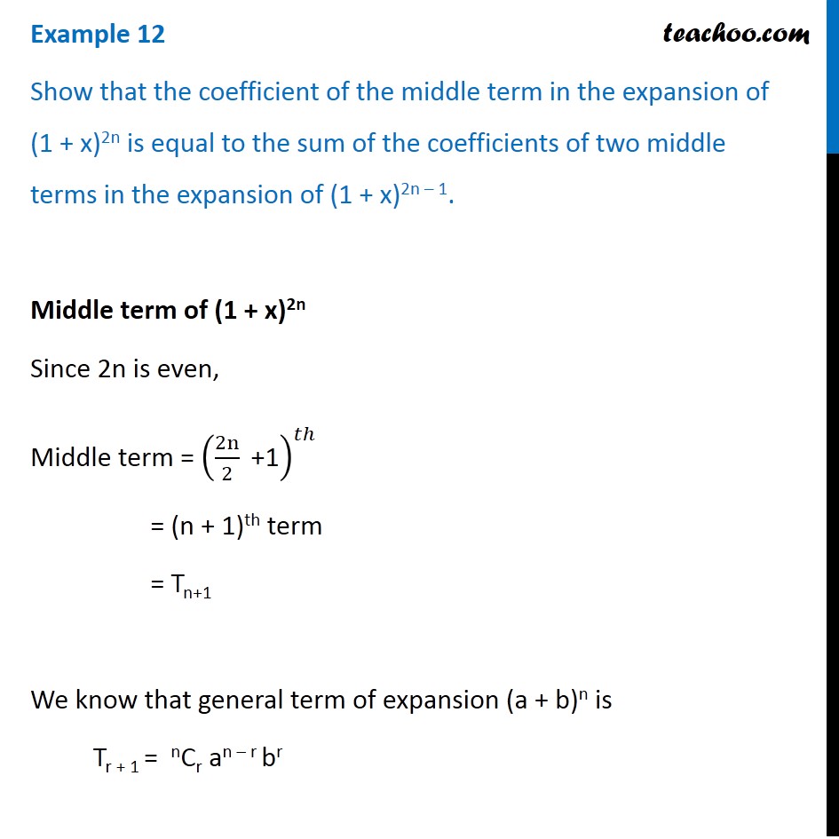 Example 12 - Show that coefficient of middle term in (1 + x)^2n is=