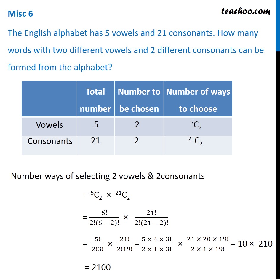 Misc 6 - The English alphabet has 5 vowels and 21 consonants