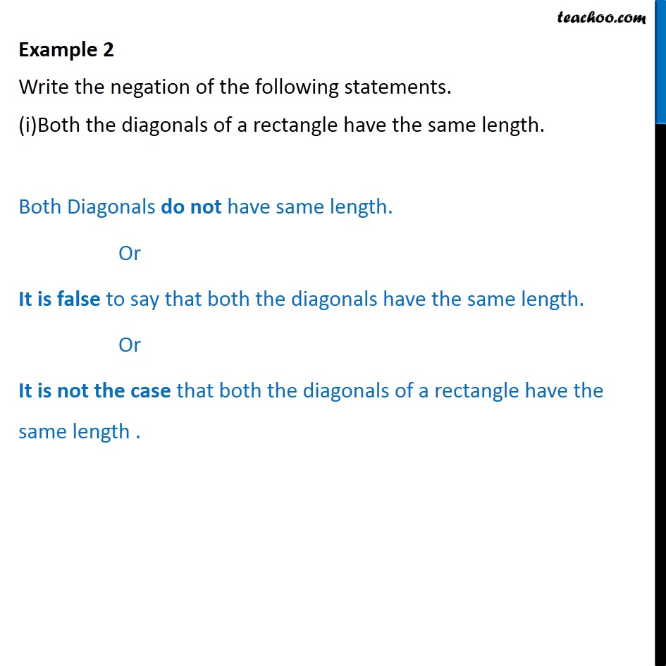 Example 2 - Write negation of statements (i) Both diagonals
